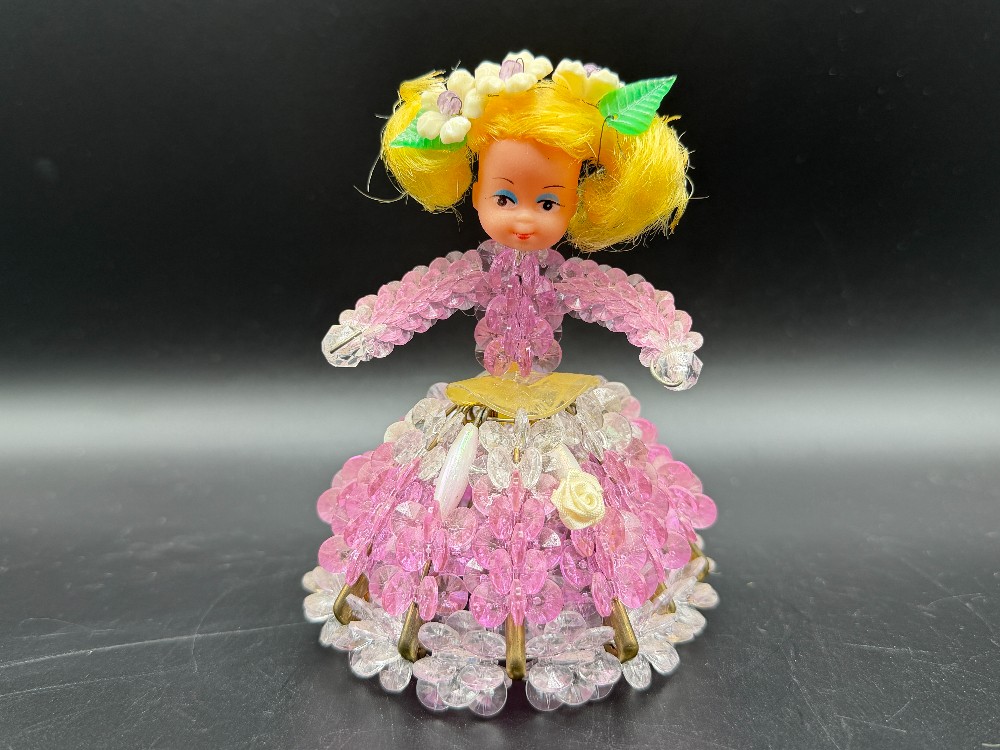1970s Beaded Safety Pin Doll – Kitschy Pink & Clear Crystal Dress Figurine