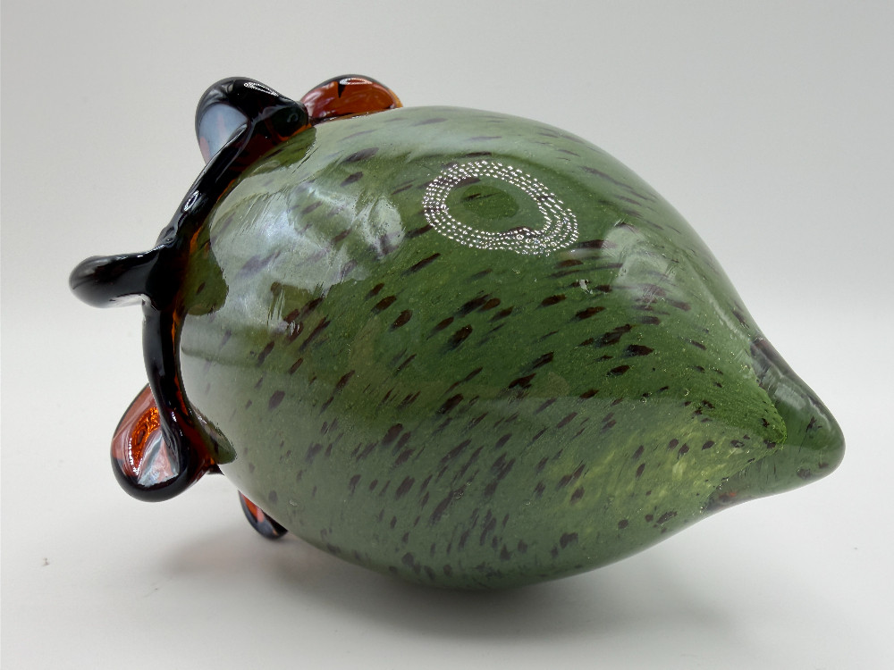 Hand-Blown Art Glass Acorn Paperweight - Speckled Green with Pulled Amber Cap