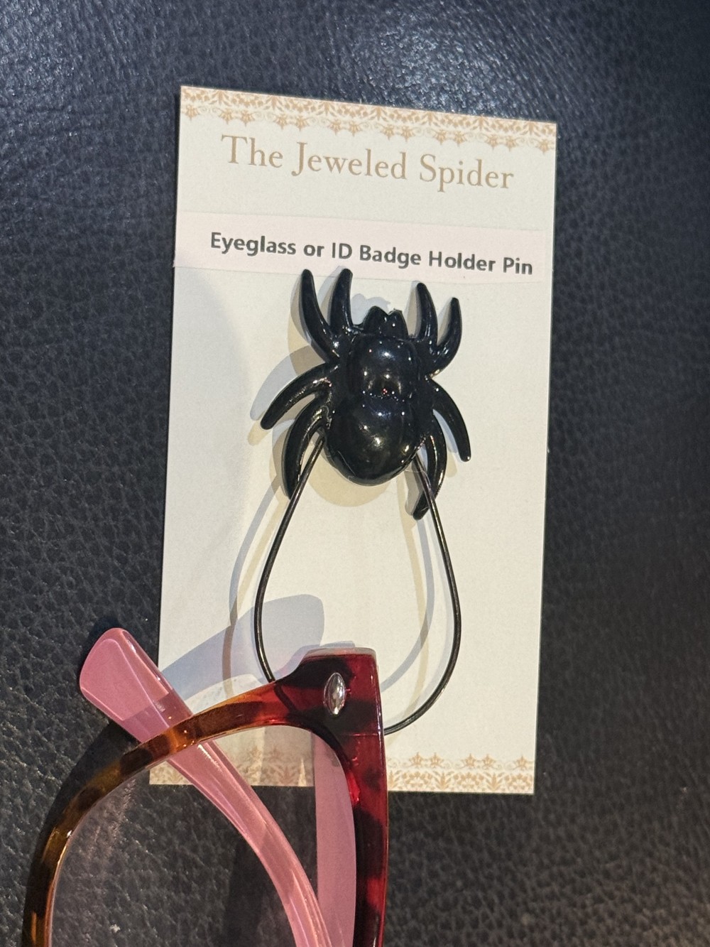 Eyeglass or ID Badge Holder Pin - Black Spider Tear Drop Loop