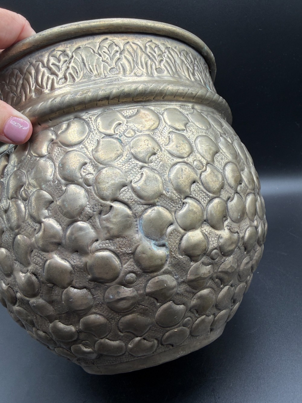 Modern Boho Hand-Hammered Indian Brass Jardinière Planter Cachepot with Ring Handles