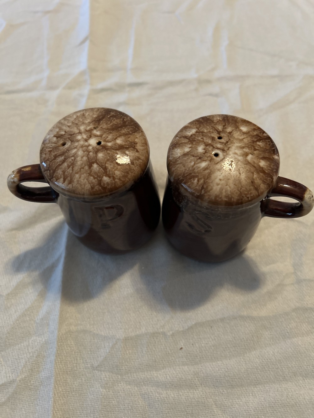 Vintage McCoy Pottery Brown Drip Glaze Salt & Set with corks - excellent condition - as is - see pics