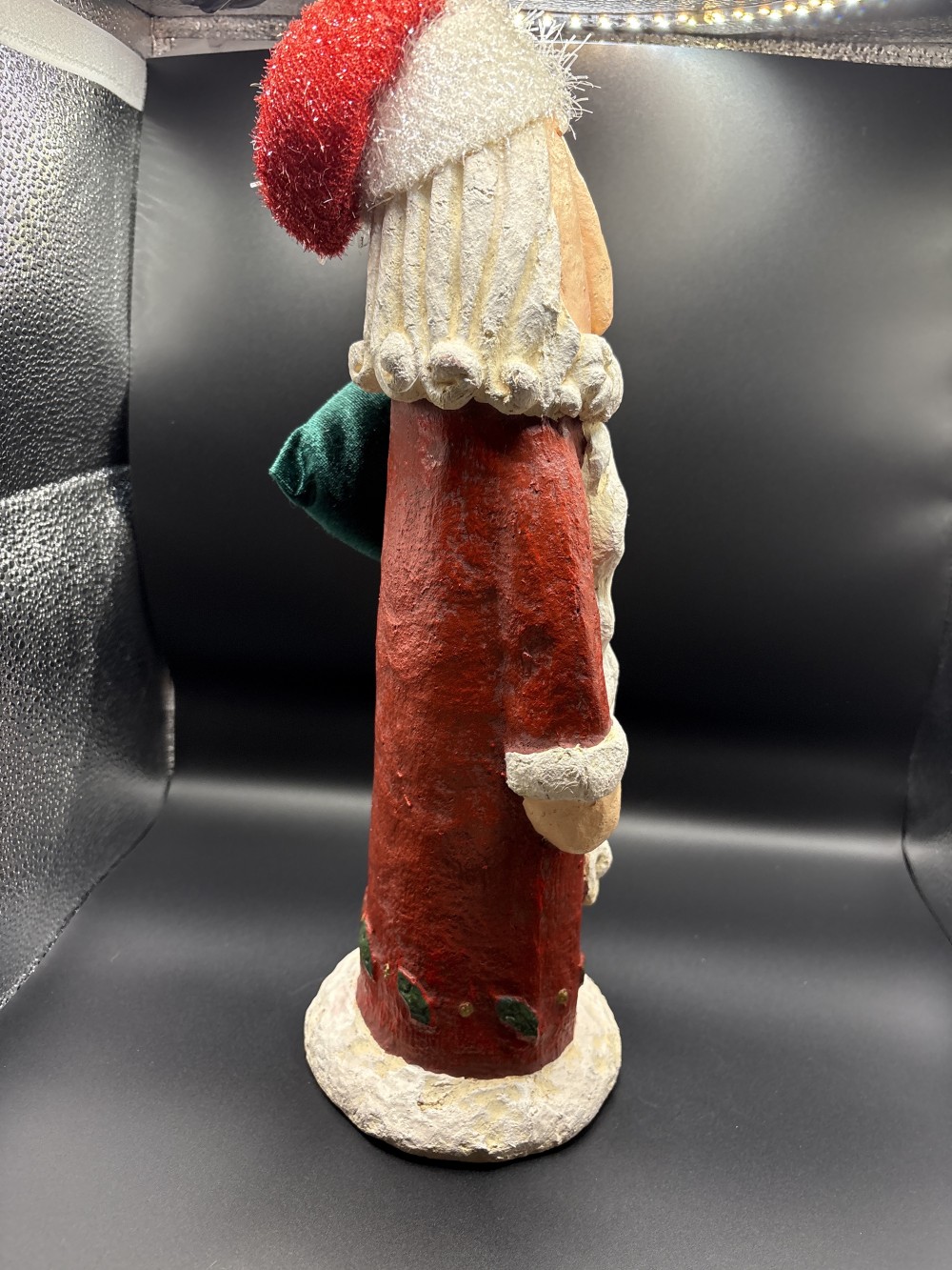Rustic Old World Santa Figurine with Green Velvet Sack ~14 in H