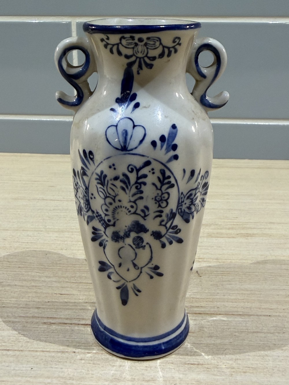 VTG Blue-and-White Delft-Style Two-Handled Vase, 6”