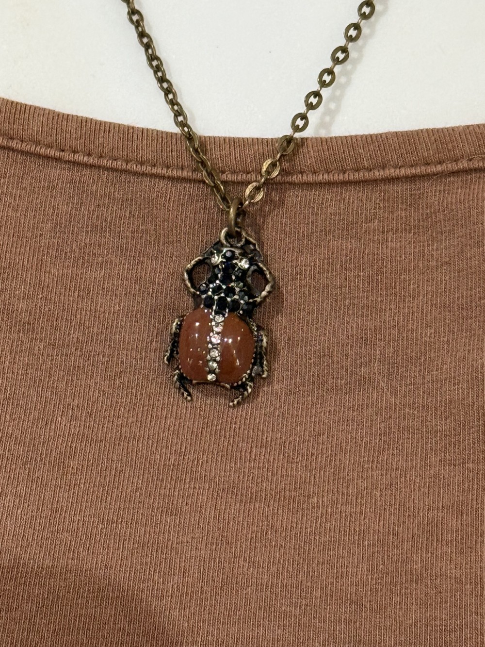 Necklace - Scarab, Beetle Brown Enamel Bronze & Rhinestones