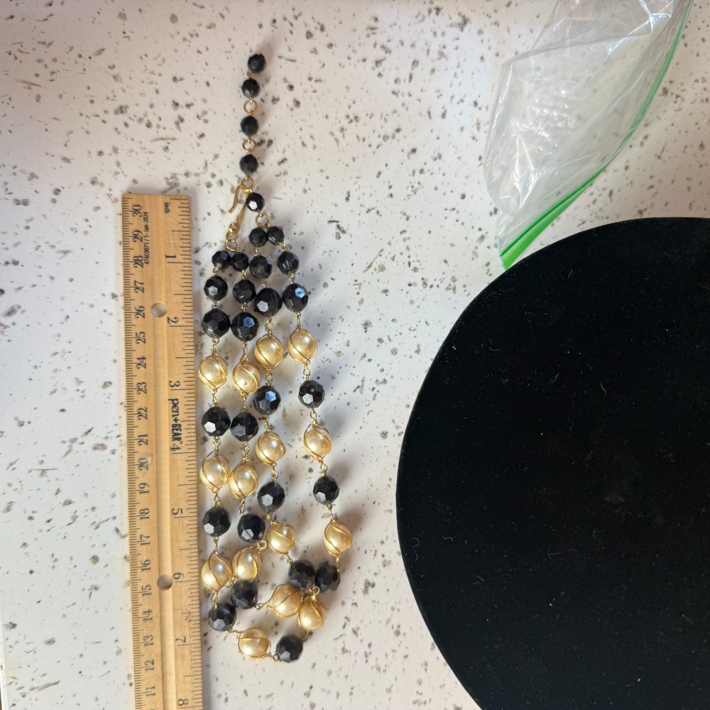 Vintage Black Glass And Caged Pearl Double Strand Necklace