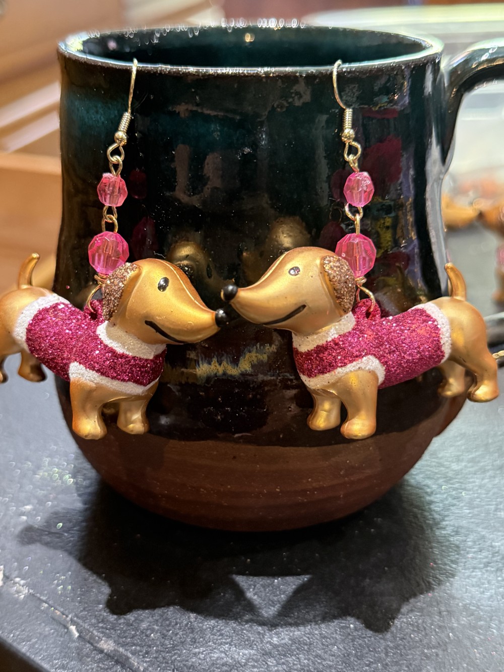 Earrings - Dachshund in Hot Pink Glittered Sweater, Doxie, Dog