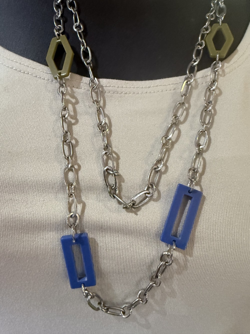 Long Necklace - Blue and Green Geometic Shapes and Silver Chains