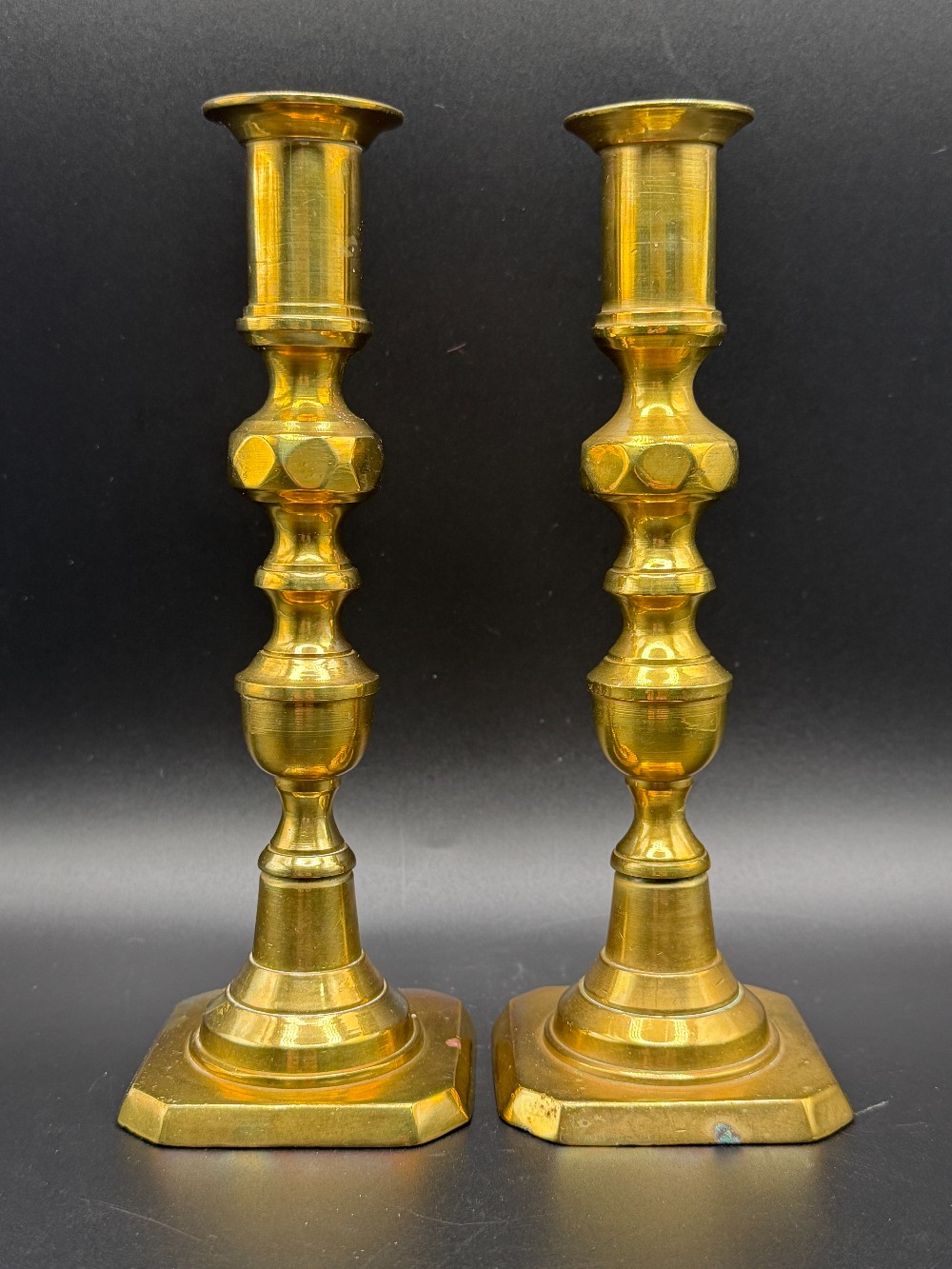 Vintage English Brass Beehive & Diamond 8 Inch Candlesticks - Matched Pair