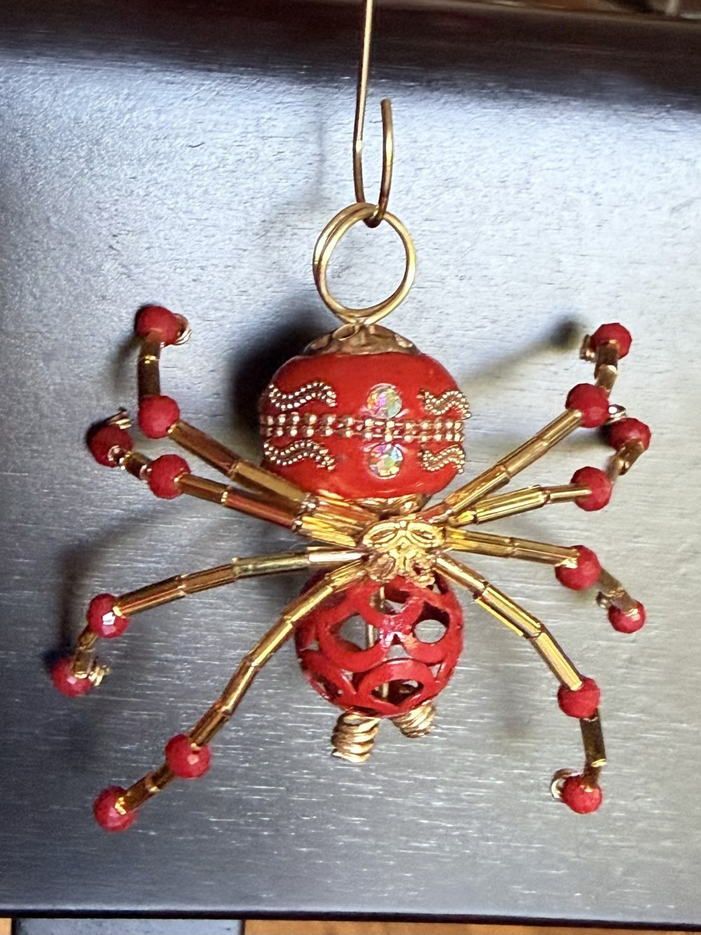 Ornament - Spider L Red Gold Embellished Bead