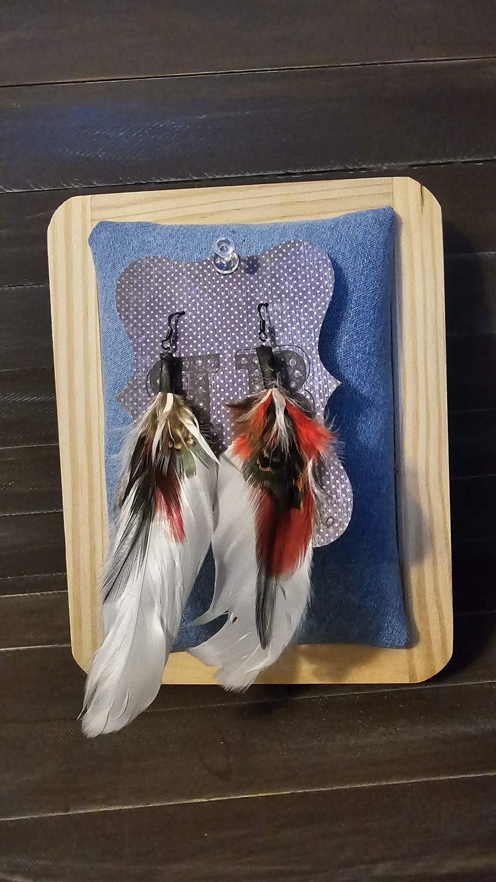 White/red feather earrings
