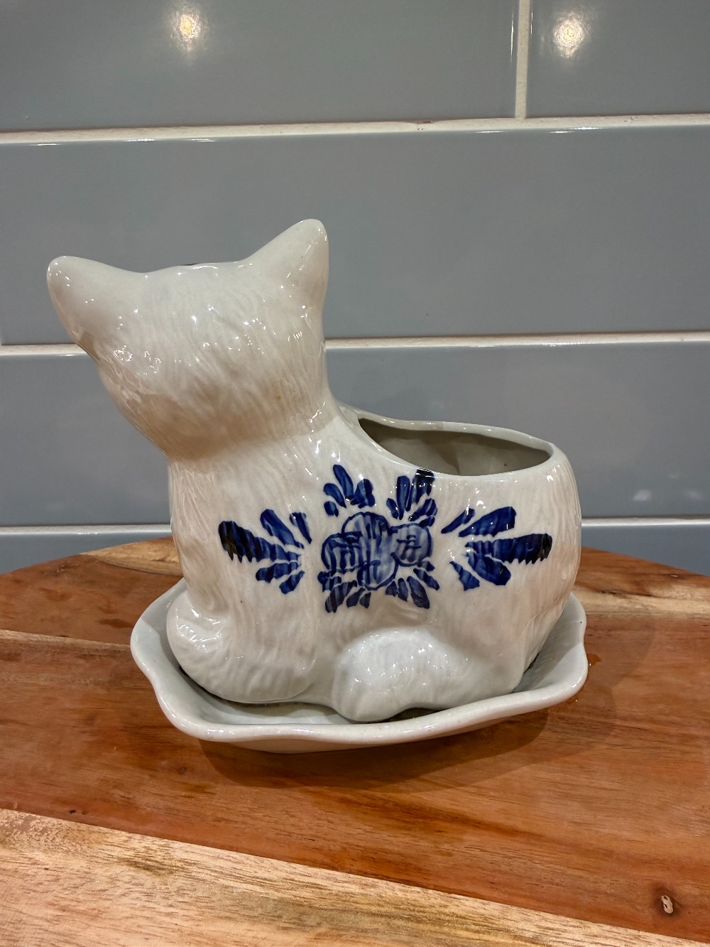 Vintage Blue and White Ceramic Cat Planter