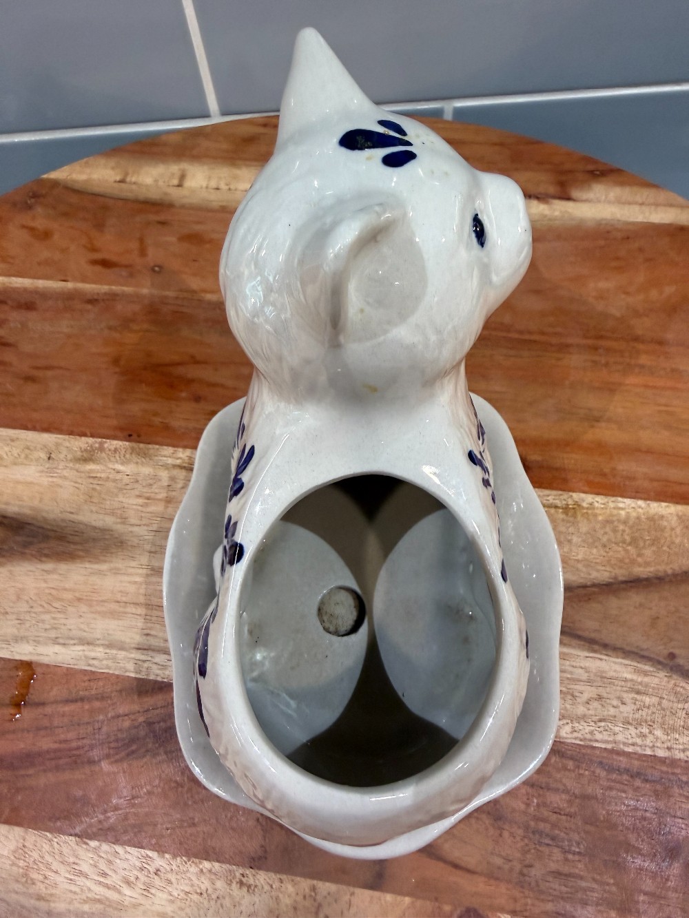 Vintage Blue and White Ceramic Cat Planter