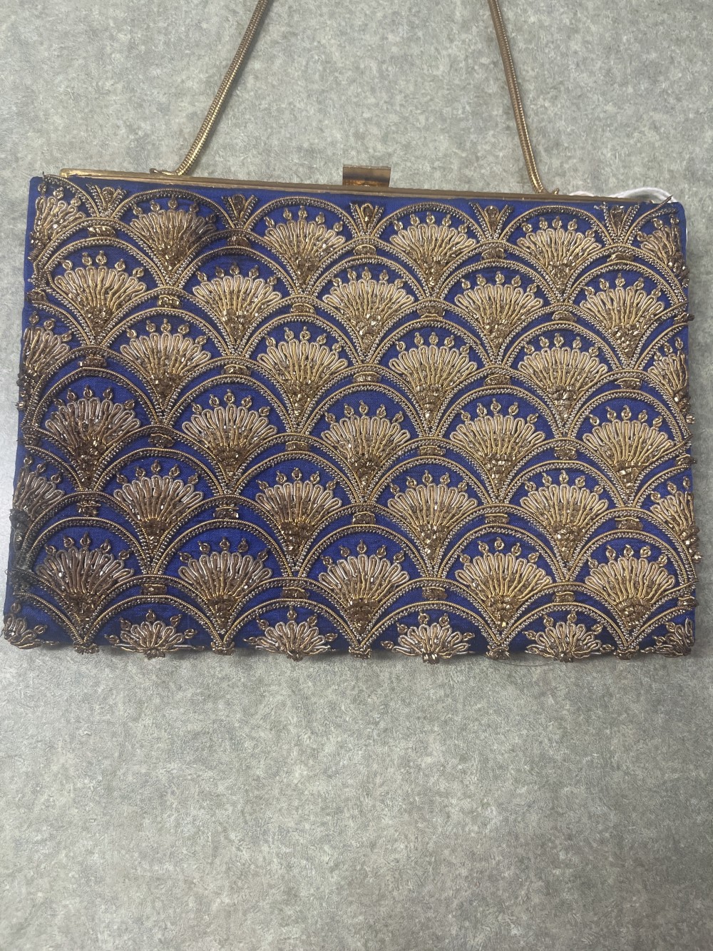 Vtg Zardozi-style blue silk evening bag