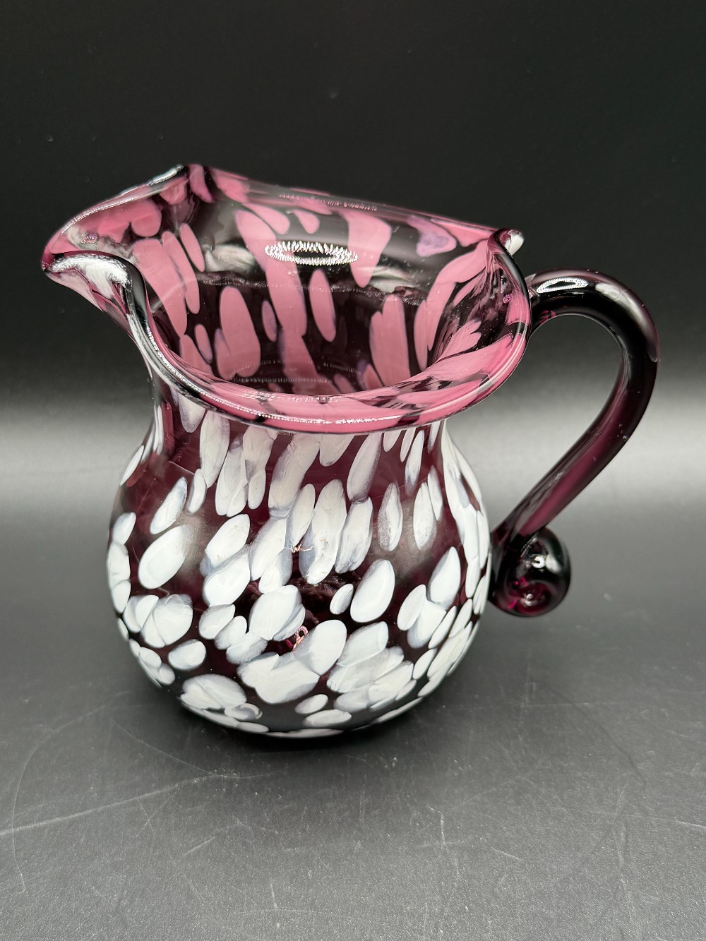 Vintage Amethyst Purple & White Spatter Art Glass Pitcher - Ruffled Rim