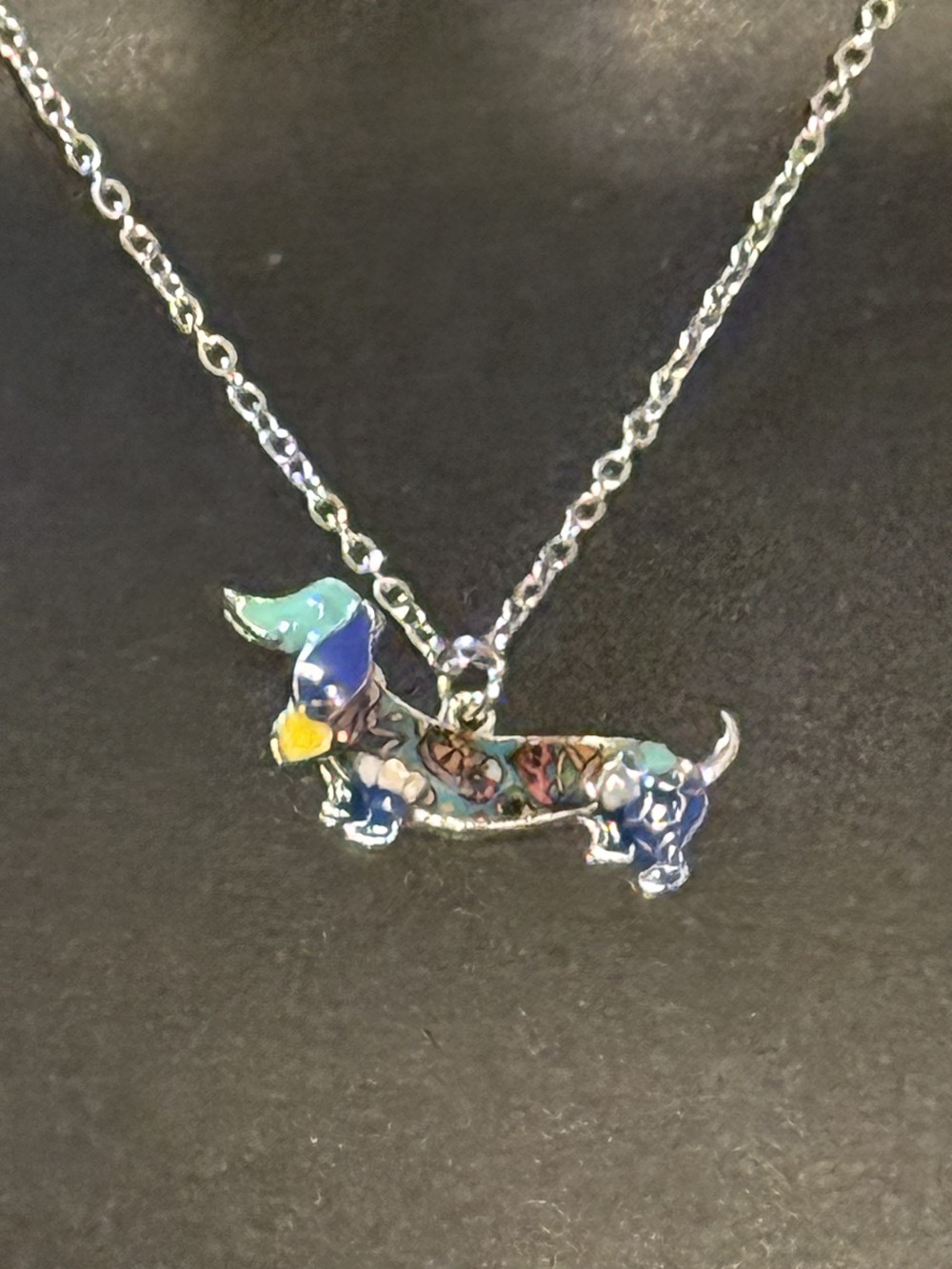Necklace Enamel Dachshund Blue Patterned, Dog, Doxie