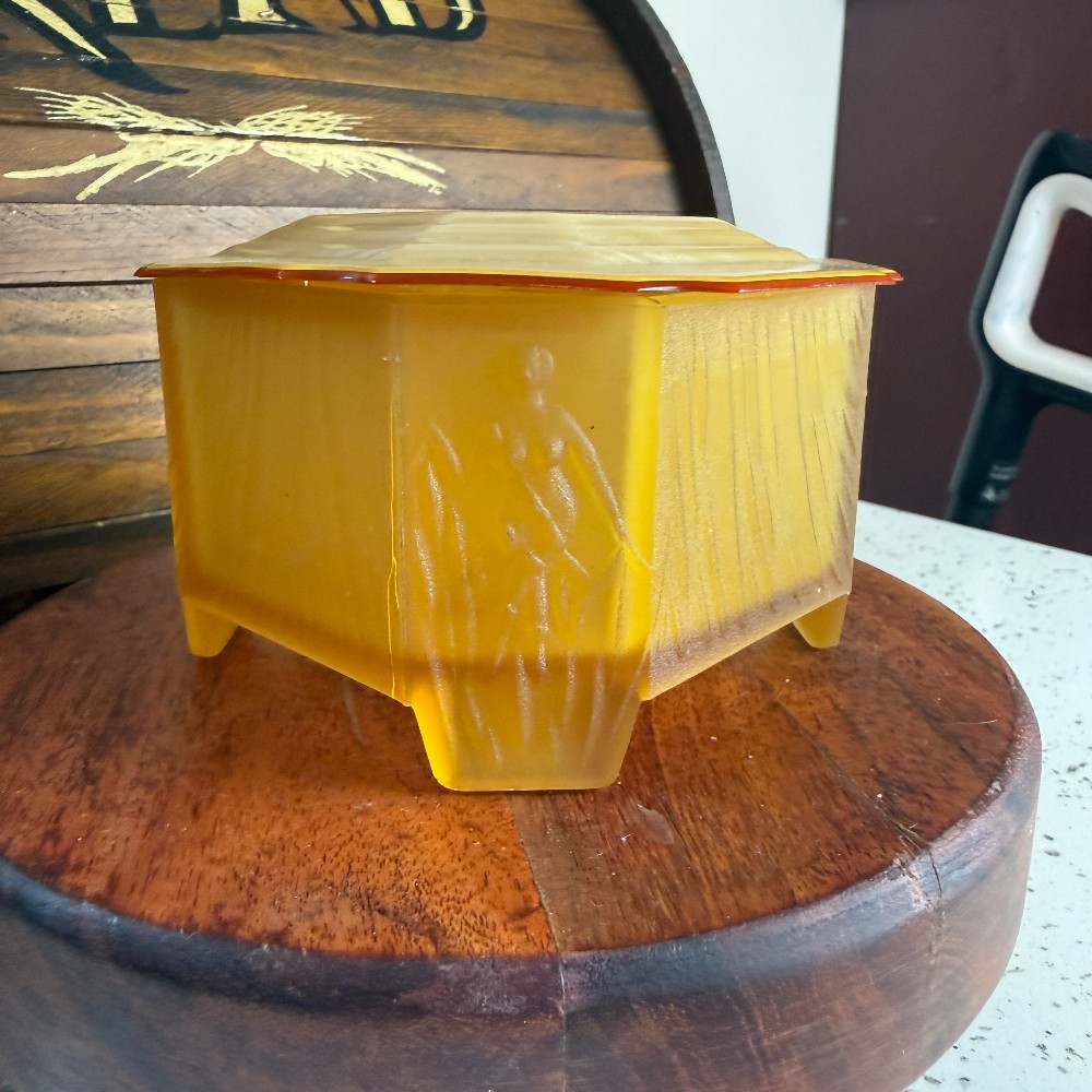Art Deco Dresser Box Celluloid Lid Amber Satin Glass Base