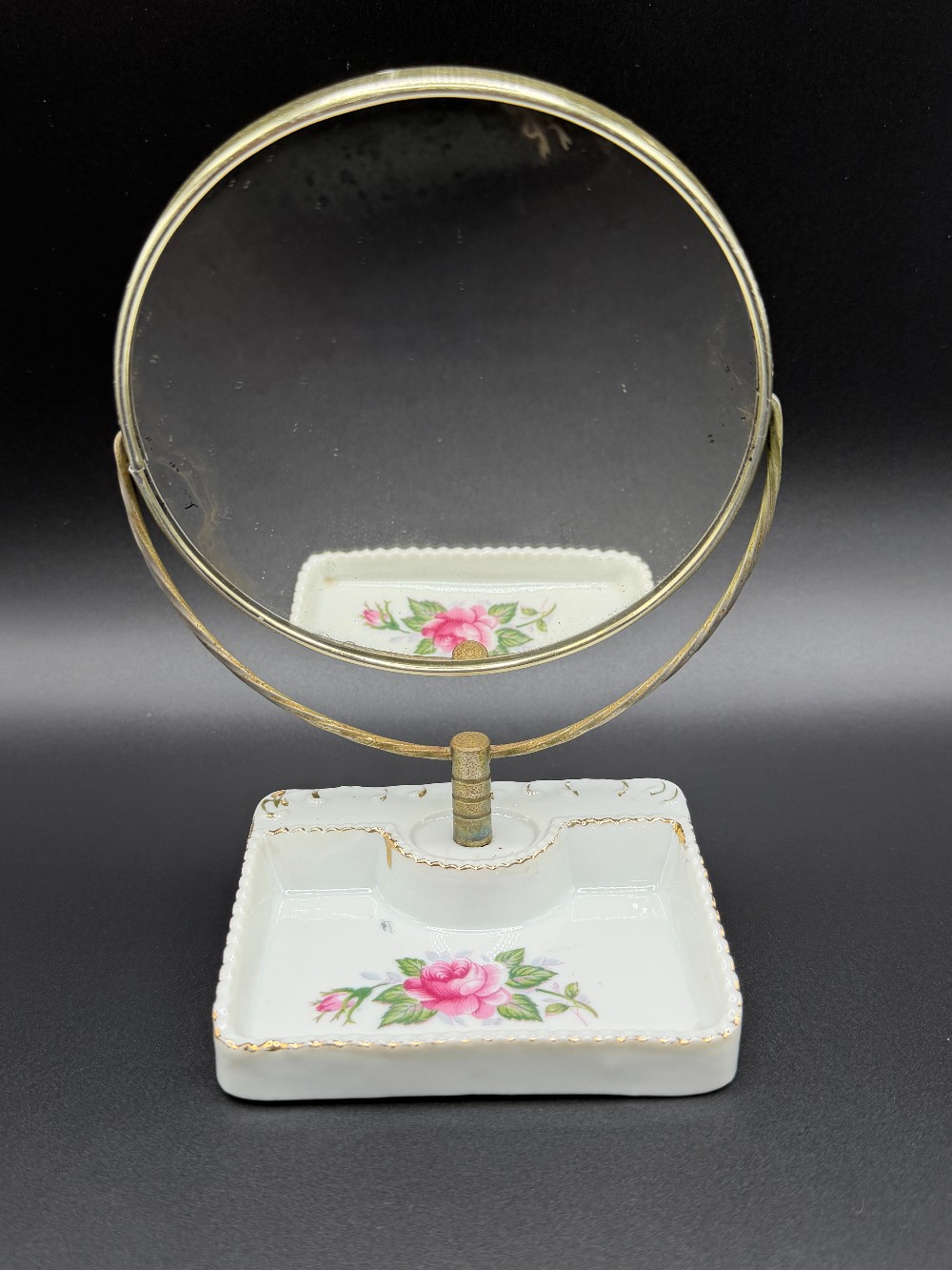 Vintage Porcelain Pink Rose Swivel Vanity Mirror with Trinket Tray - Made in Japan