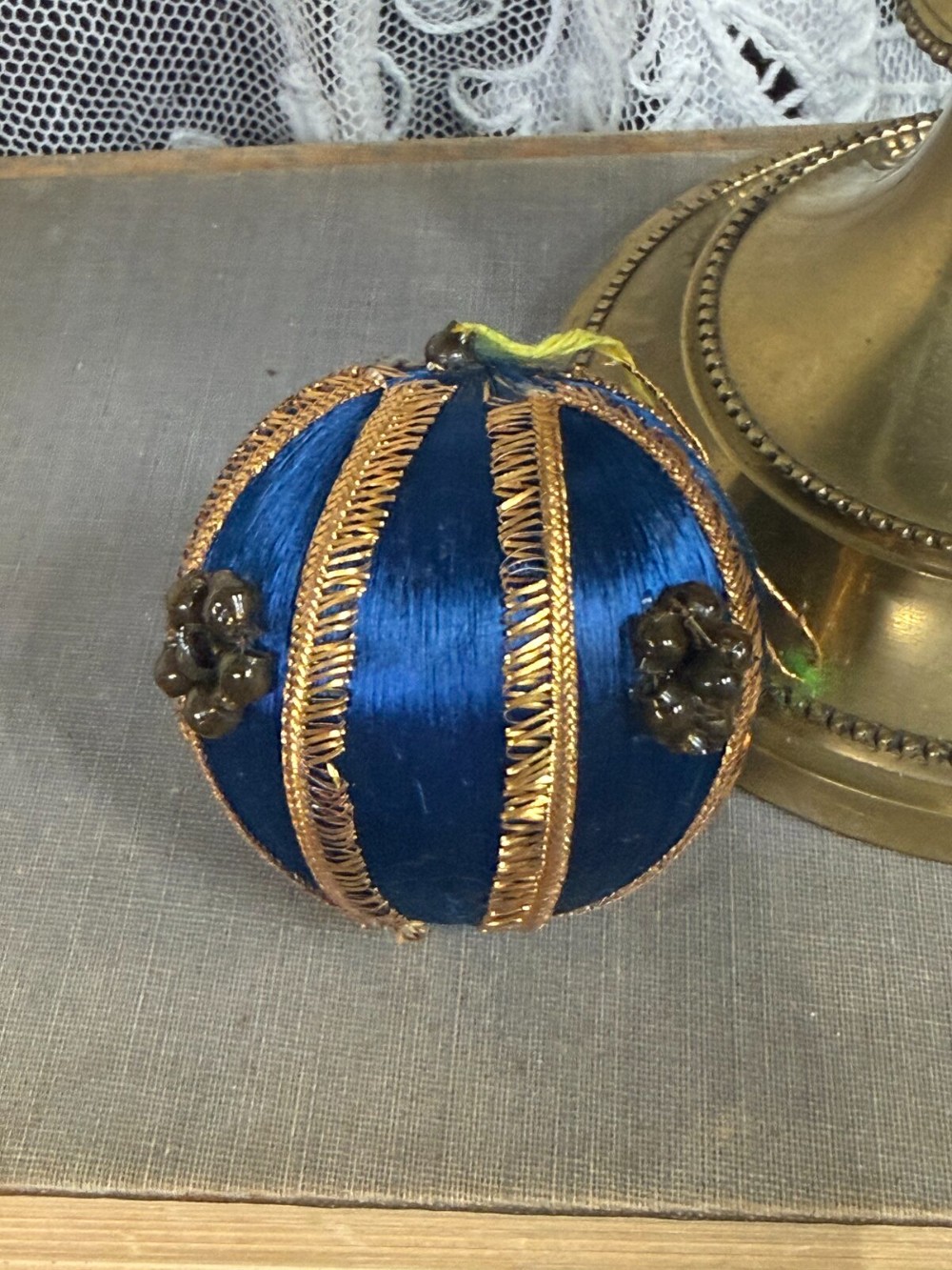 Blue Satin Thread Ball Ornament with Gold Trim and Beaded Clusters