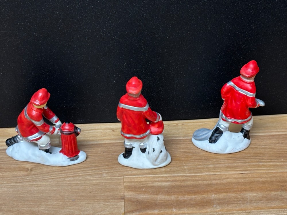Christmas Village Firefighter Figurines Set of 3 Firemen Dalmatian Hydrant Hose