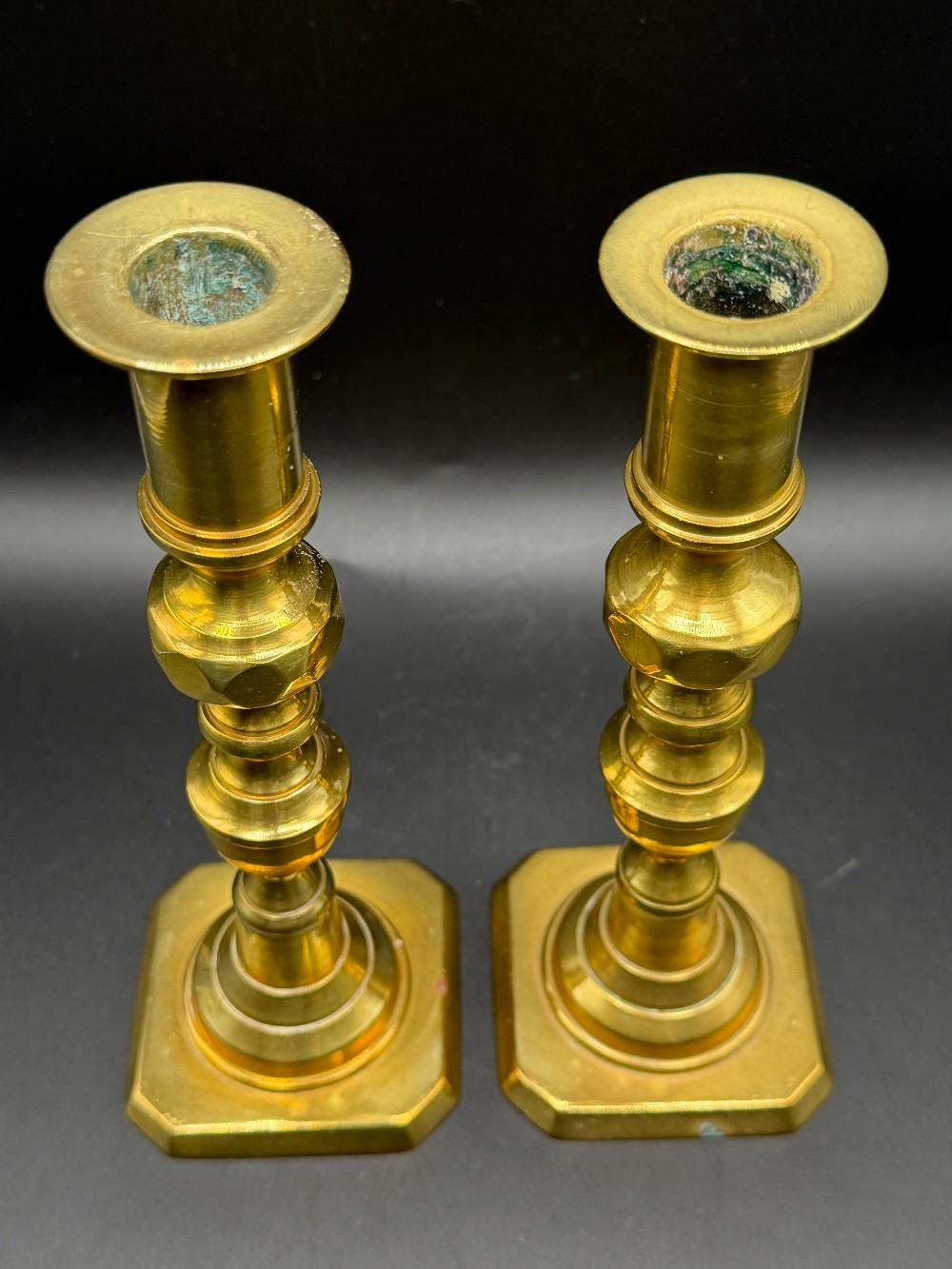Vintage English Brass Beehive & Diamond 8 Inch Candlesticks - Matched Pair