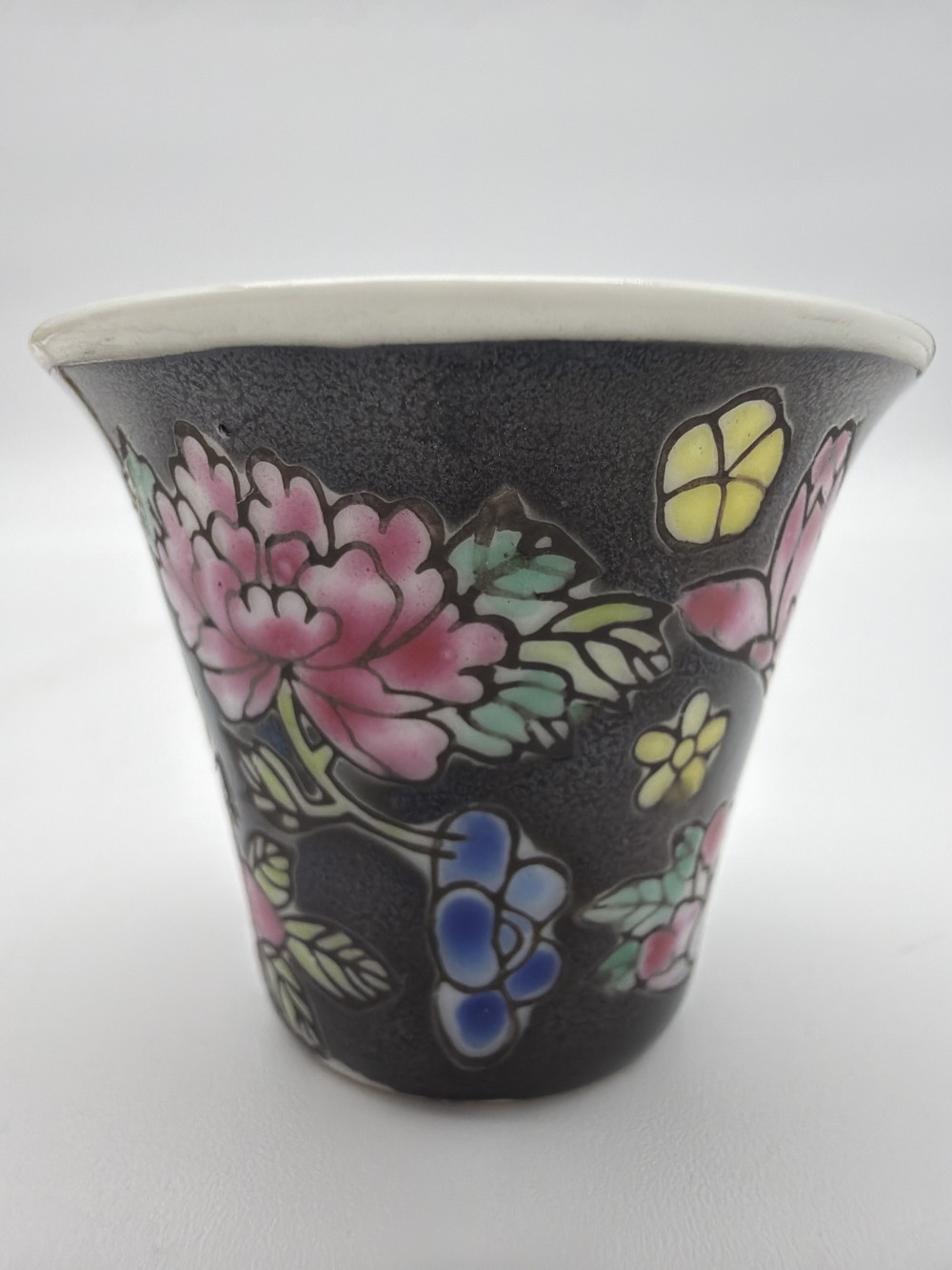 Miniature Floral Porcelain Cup Black Multicolor Asian Style