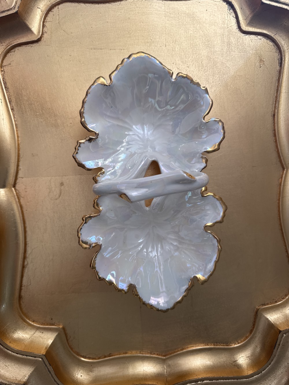 CANDY DISH, VINTAGE DOUBLE LEAF, IVORY & GOLD