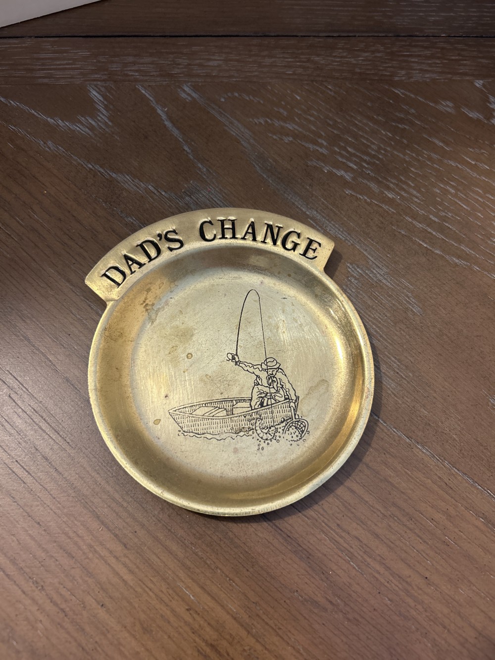 Vintage Brass Dad's Change Dish with etched Fisherman