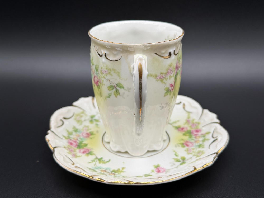 Antique M.Z. Austria Porcelain Scalloped Cocoa Mug and Saucer Set - Pink Rose & Gold Gilt - c. 1884-1909