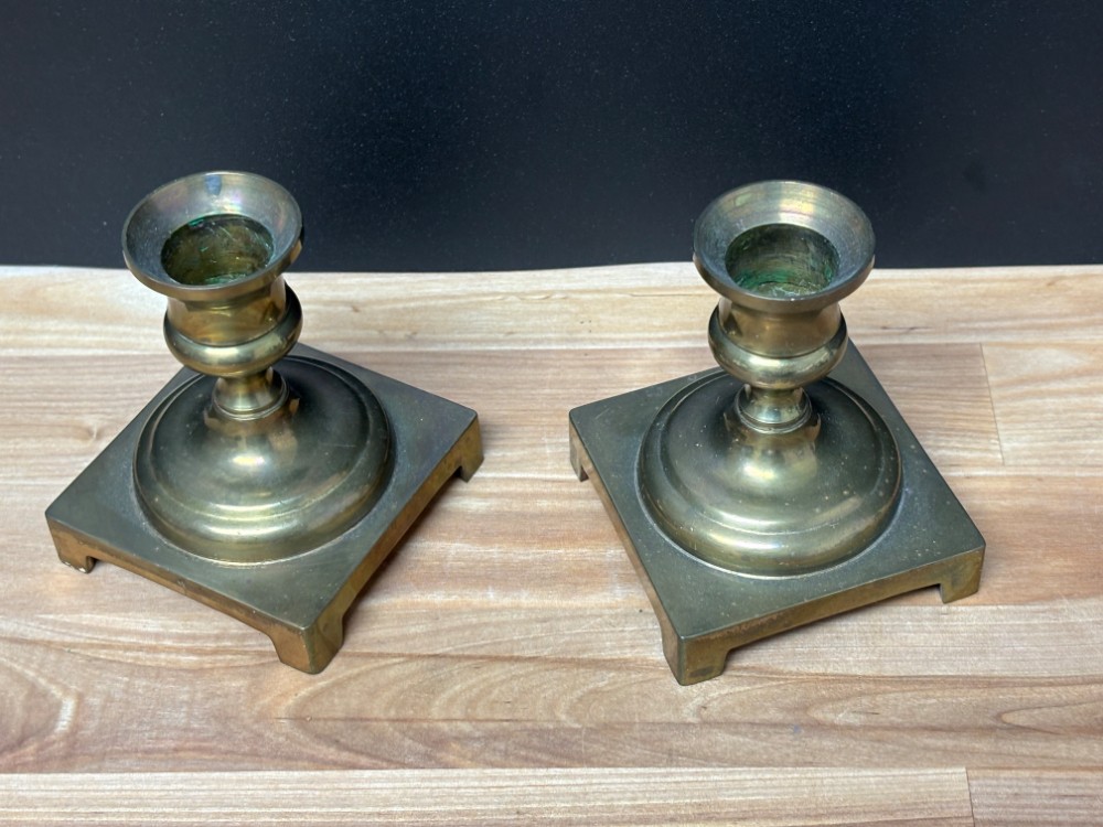 Brass Candlestick Holders Pair Square Base Footed Taper Candle Holders