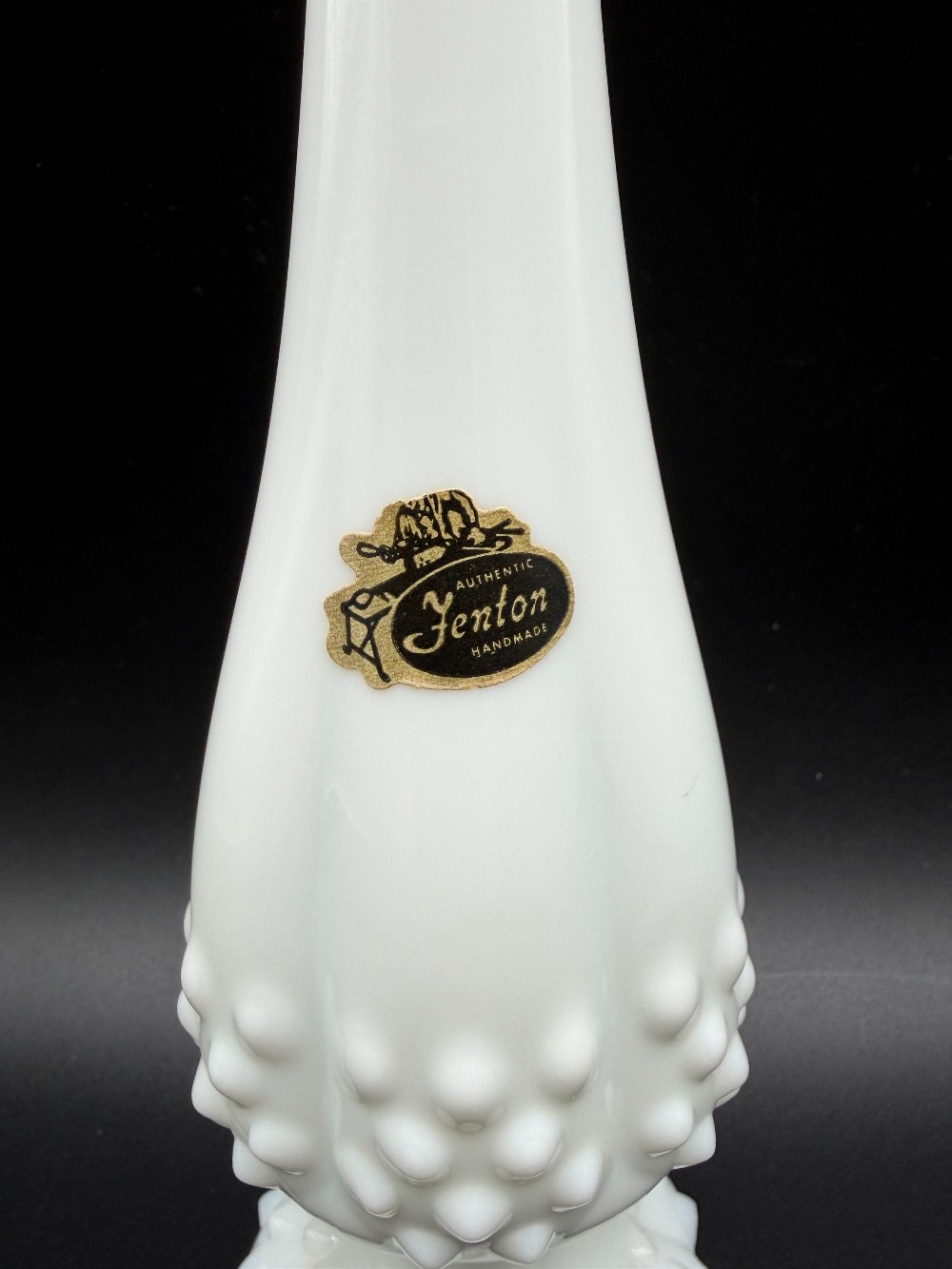 Vintage 1960s Fenton Milk Glass Hobnail Swung Bud Vase - 10 Inch Pedestal Vase with Original Foil Label
