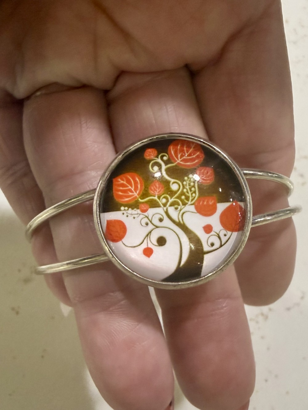 Cuff Bracelet - Tree of Life Brown Red Autum in Silver