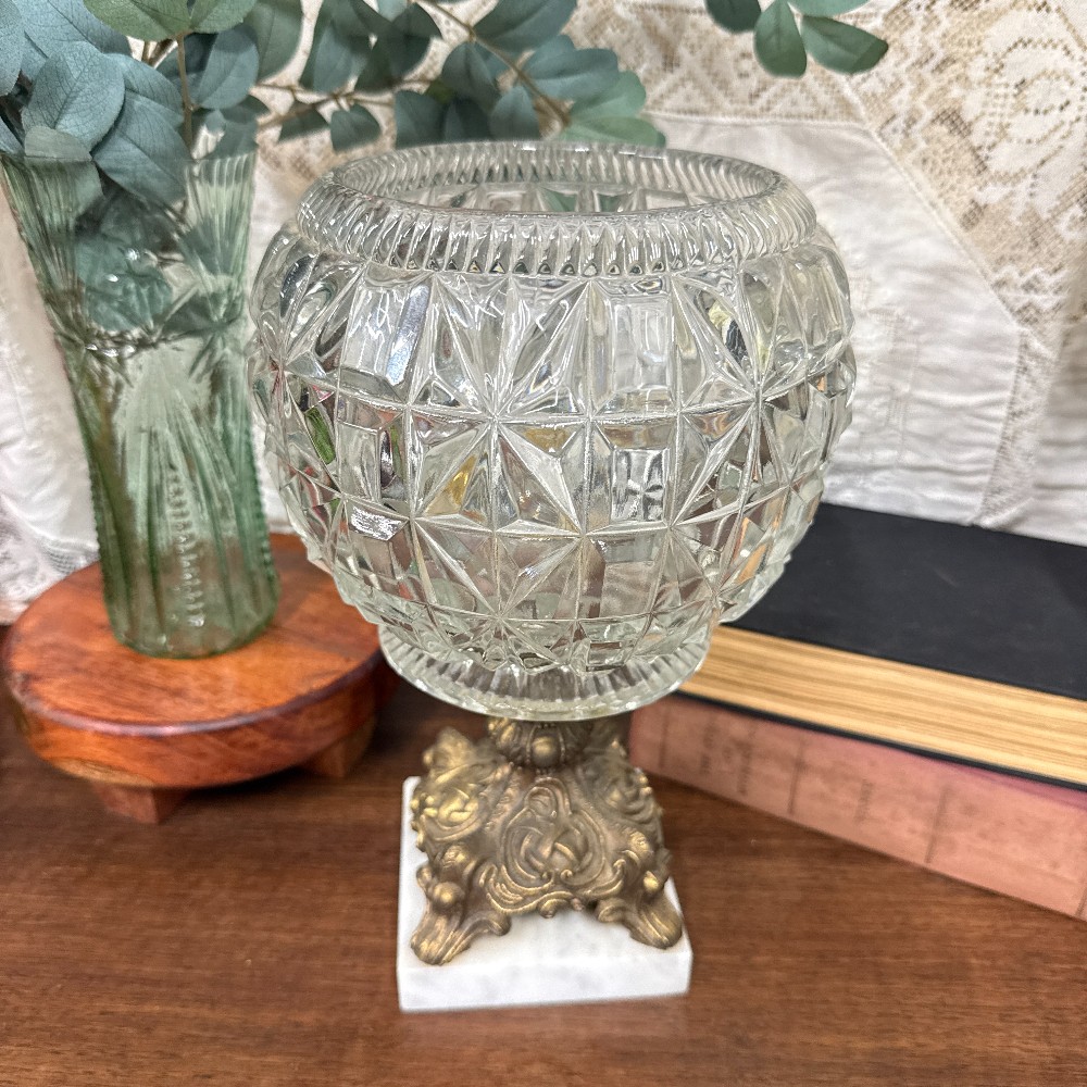 Hollywood Regency Cut Glass Compote, Marble Base