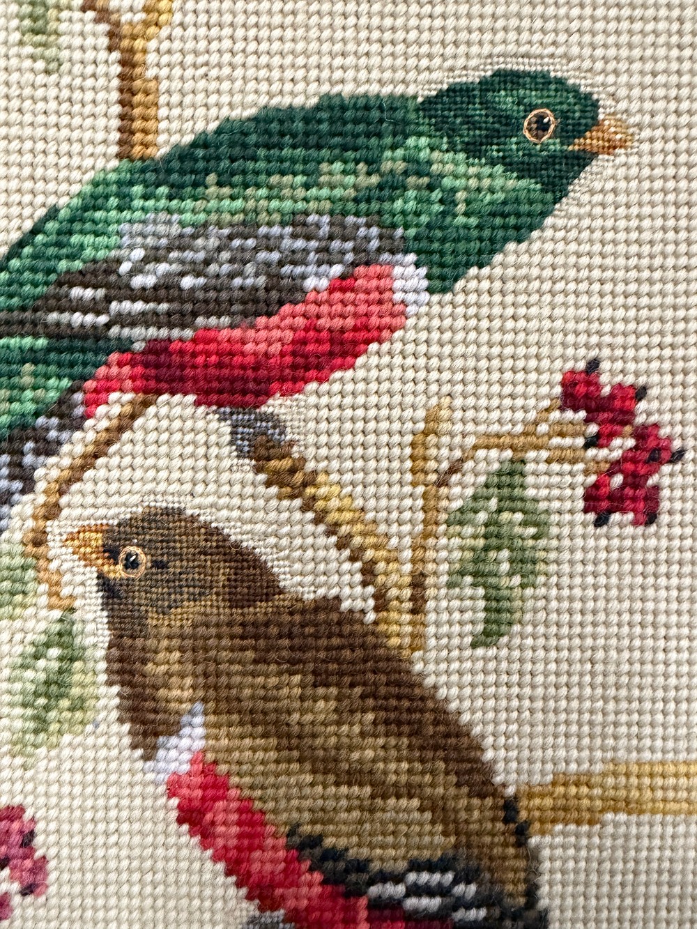 Vintage Mid-Century Framed Bird Needlepoint Artwork – Combined Gros Point & Petit Point Trogons Fine Textile