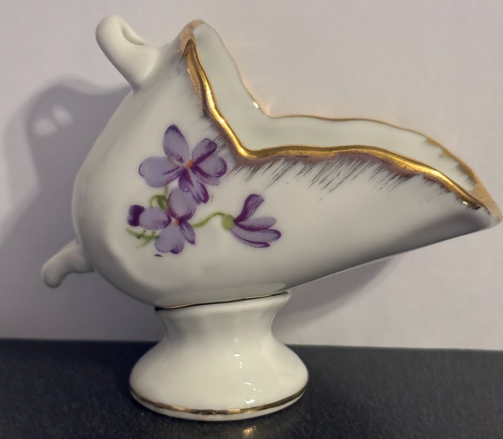 Porcelain white w/violets & gold trim coal shuttle salt dip cellar