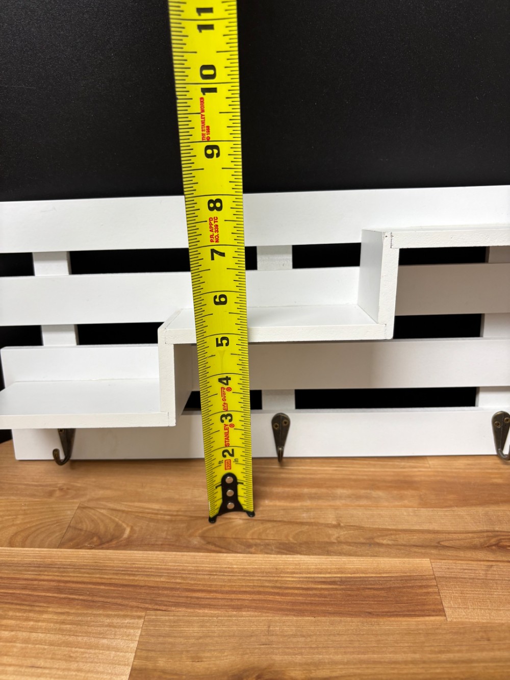 Wall Shelf Organizer White Wood Tiered Display with 3 Hooks 16 Inch