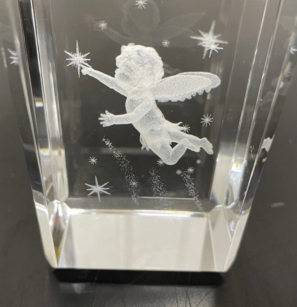 Crystal Art Glass 3D Laser Engraved Flying Cherub Paperweight Figurine Block