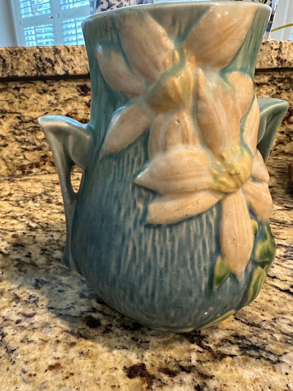 Vtg Roseville Clematis Handled Vase -Blue with nick on handle