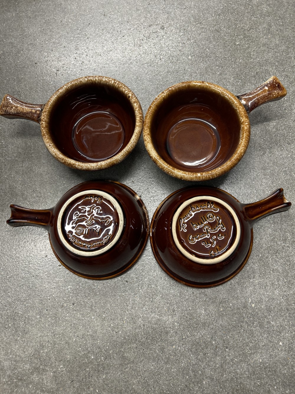 VINTAGE HULL USA BROWN DRIP POTTERY BOWL W/ HANDLE set of 4