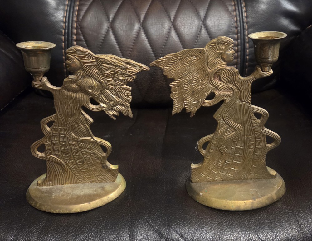 VTG Pair of Brass Angel Candlesticks