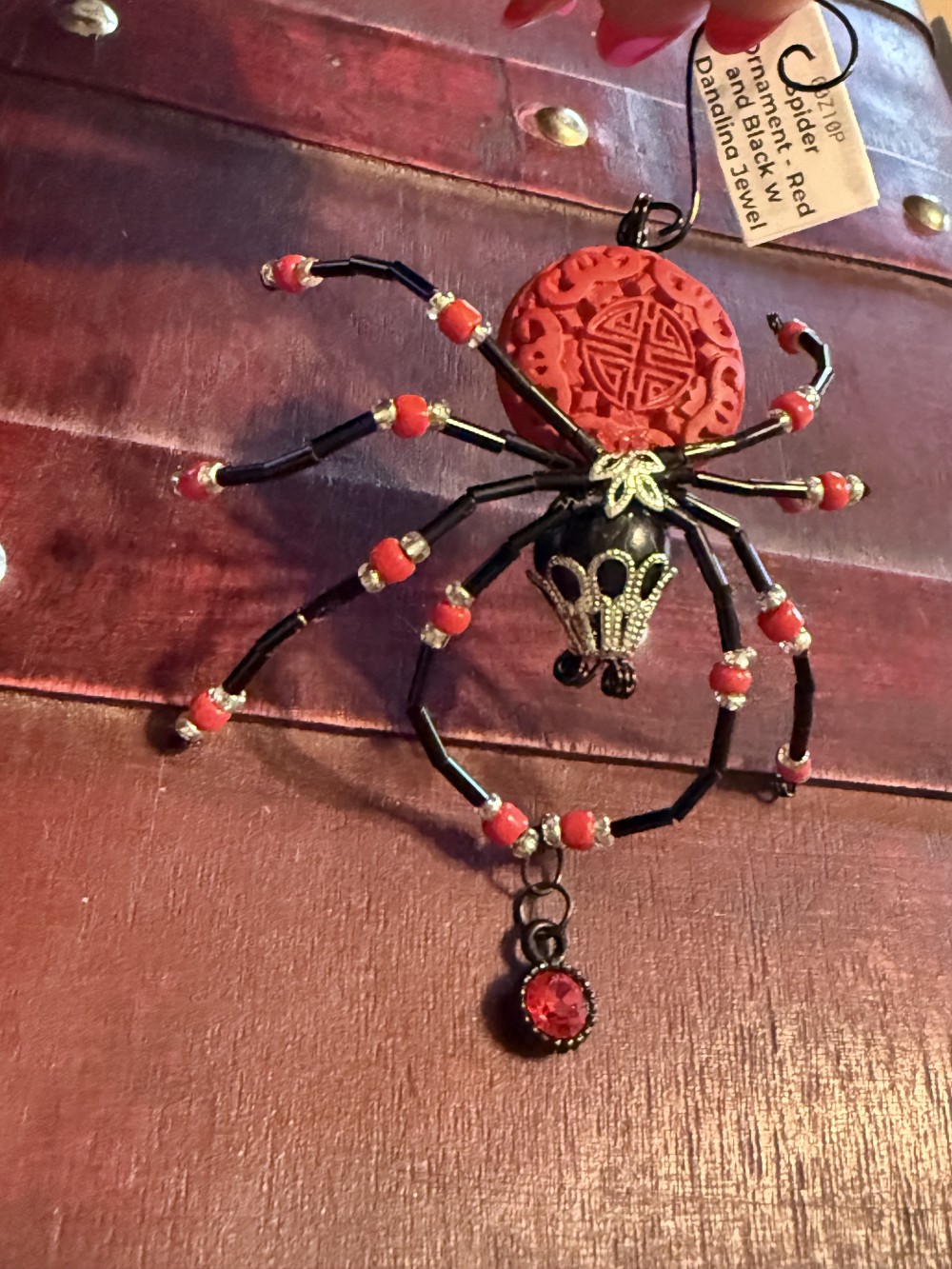 Spider Ornament - Red and Black w Dangling Jewel