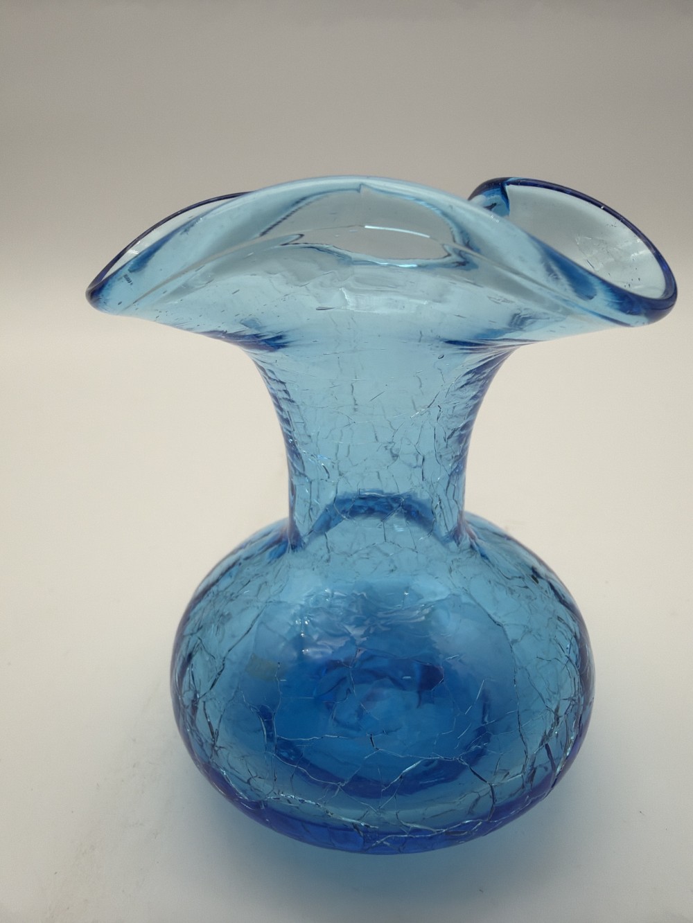 Vintage Blue Crackle Glass Ruffled Vase