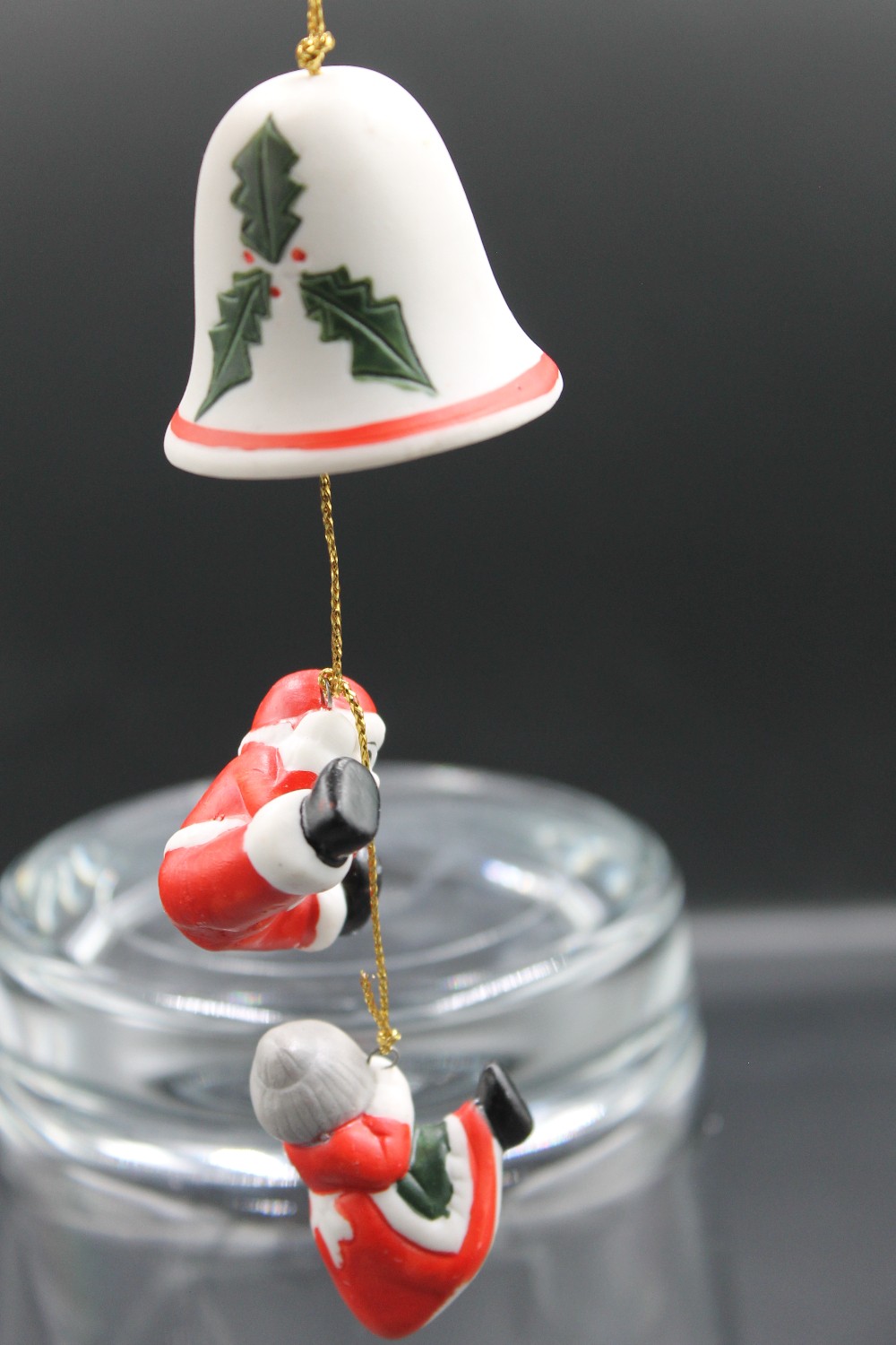 Ceramic bell/Santa/Mrs. Clause dangle ornament as is