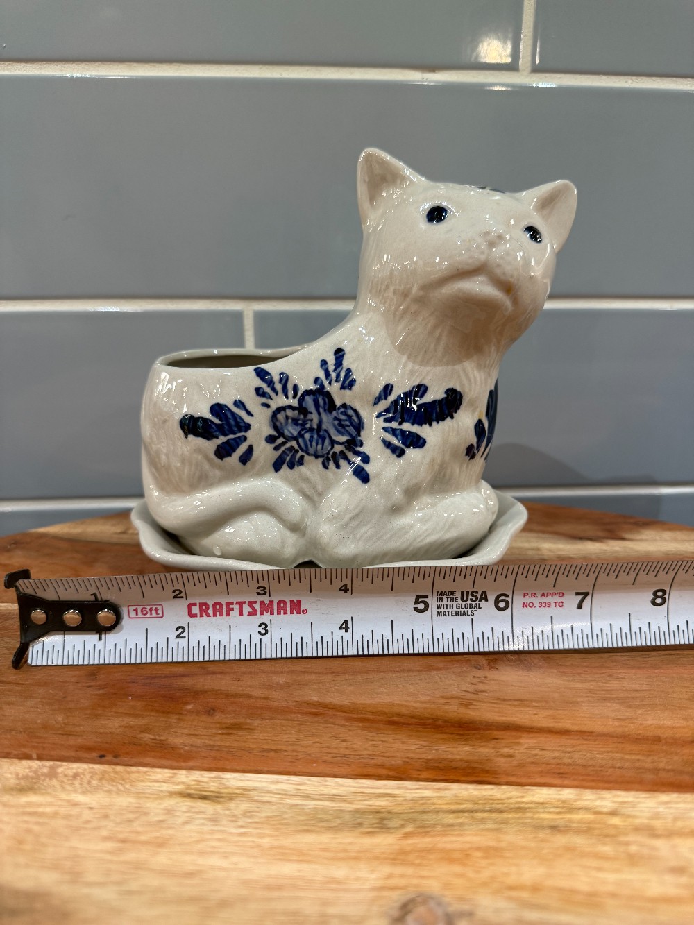 Vintage Blue and White Ceramic Cat Planter