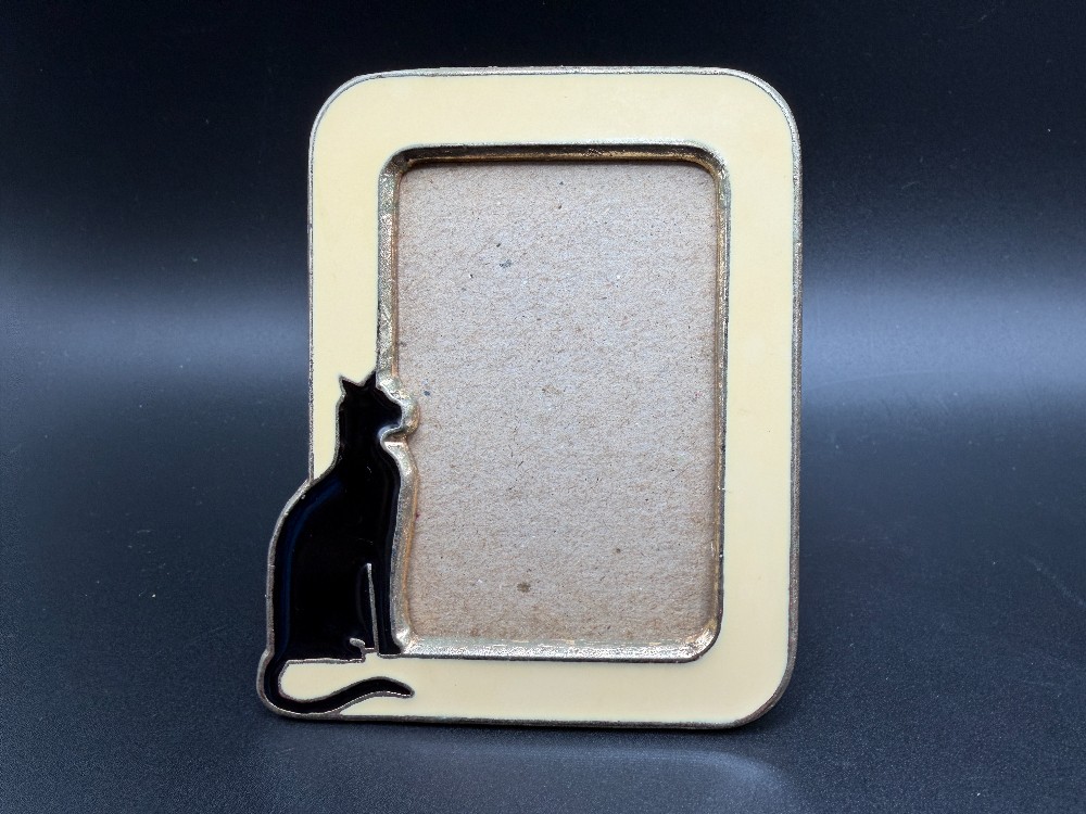 Vintage Miniature Black Cat Enamel Picture Frame -NO GLASS - Cream & Gold Tone Metal