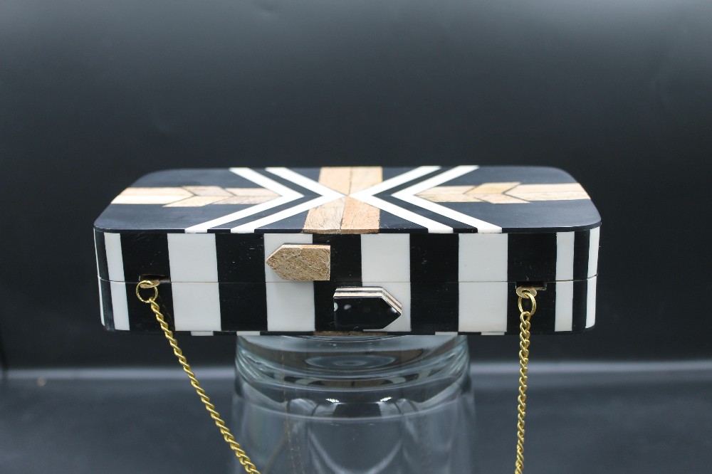Geometric wood/resin chevron parquet box clutch purse