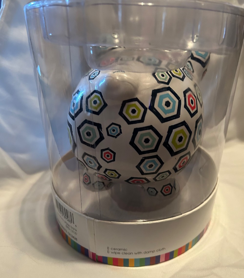 VTG Baby’s First Piggy Bank - C.R. Gibson - White Ceramic Geometric Hexagon pattern - Pig - Piggy Bank - NIB - See pics