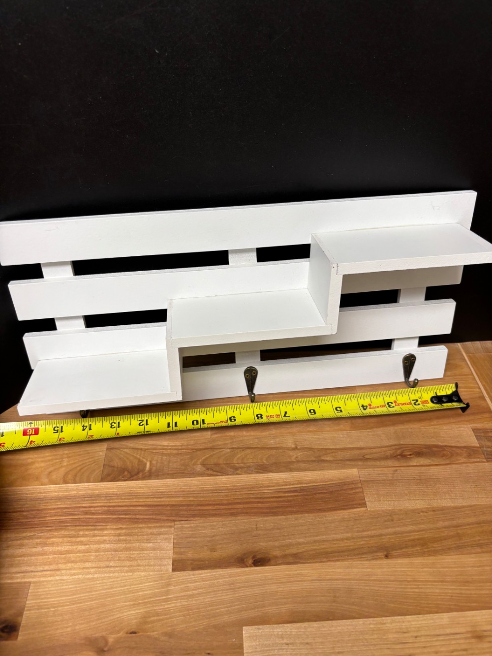 Wall Shelf Organizer White Wood Tiered Display with 3 Hooks 16 Inch