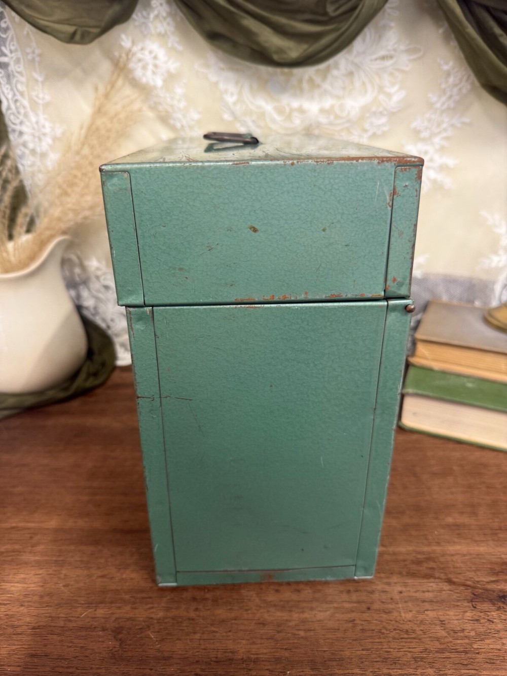 Green Metal File Box with Brass Latch and Handle