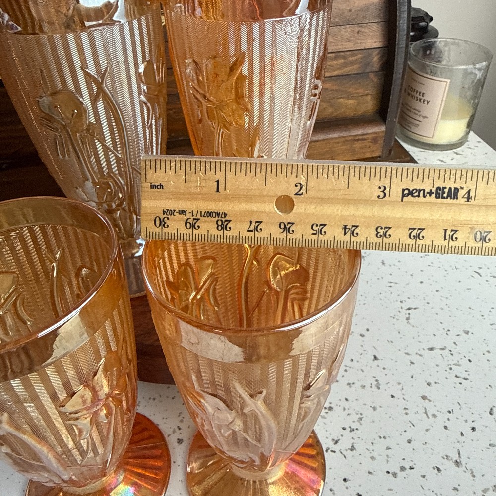 Jeannette Glass Iris and Herringbone Marigold Carnival Glass Footed Tumblers Set of 4 - DANA