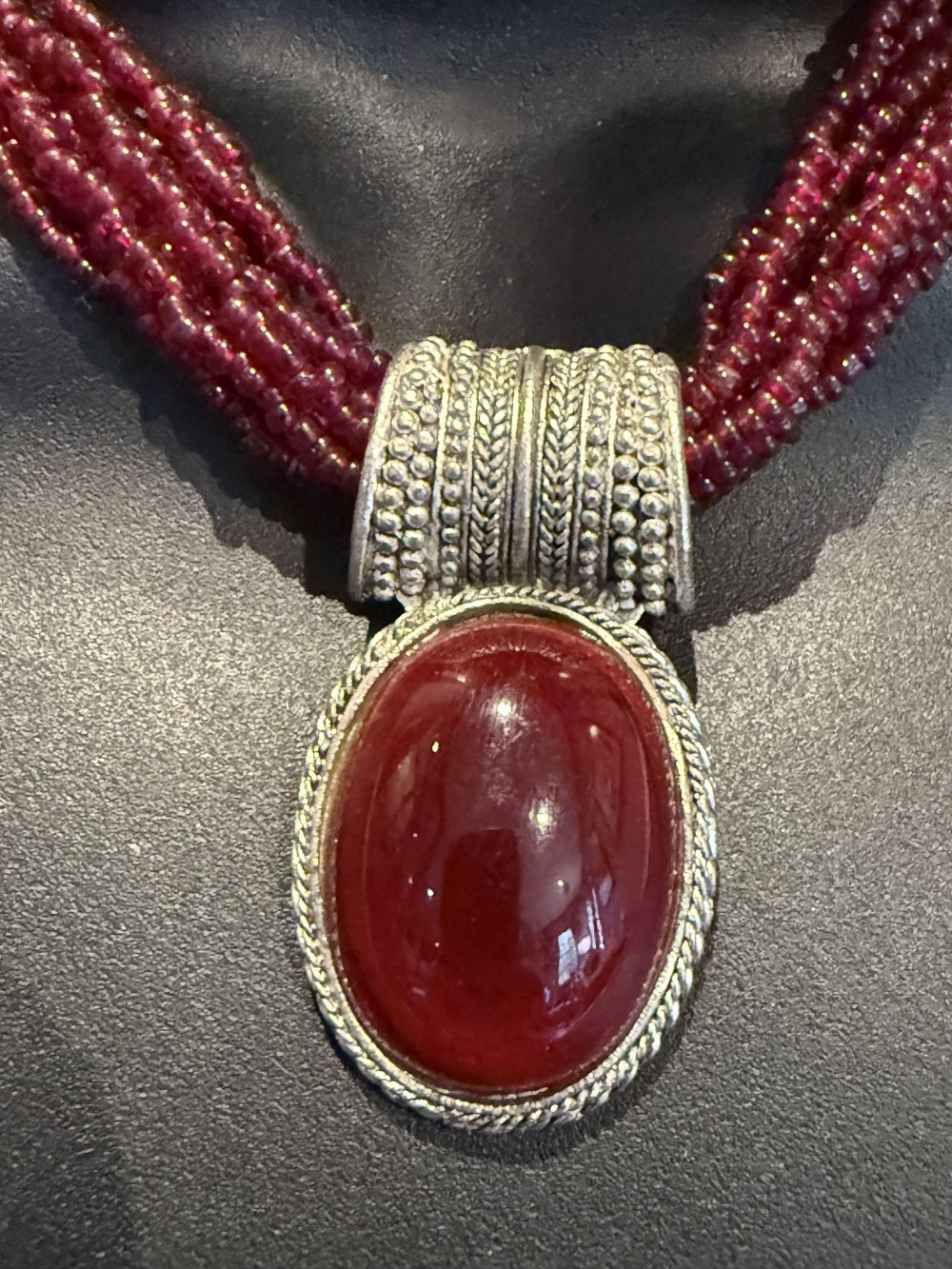 Necklace - Burgandy Glass Beads with Oval Pendant